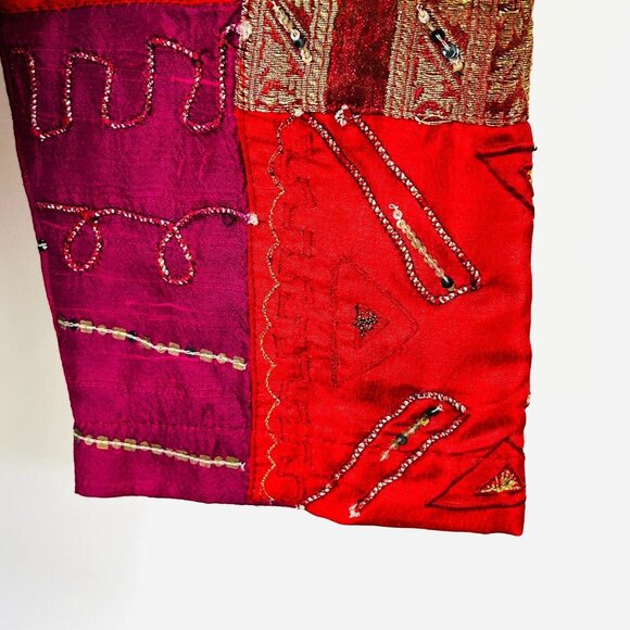 Chico's Patchwork Jacket Size 1 Silk Blend Boho Embroidered Button Front Lined - Picture 9 of 14